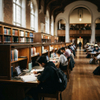 Traditional wooden study carrel with integrated laptop workspace in a university library hall