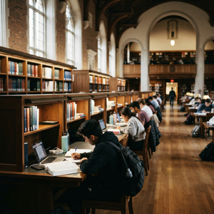 Traditional wooden study carrel with integrated laptop workspace in a university library hall