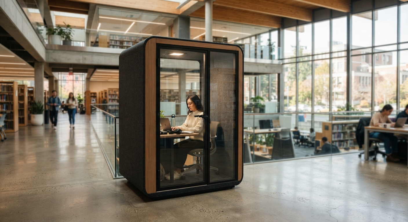 Single-occupancy soundproof study booth with wooden frame and glass front, offering privacy in a library