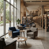 Contemporary curved modular library sofas and study chairs inside a multi-level university building.