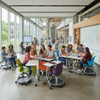 A modern, reconfigurable classroom showcasing mobile student desks with integrated storage baskets and ergonomic chairs, perfect for active learning spaces.