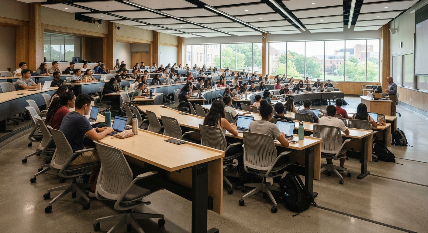 Large university project seating and tiered student desks and chairs in a contemporary campus auditorium