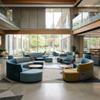 Modern campus common area with colorful, curved modular soft seating and low coffee tables for student collaboration.