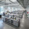 Collaborative laboratory island workstation with dual-sided reagent racks and built-in sinks for university STEM labs