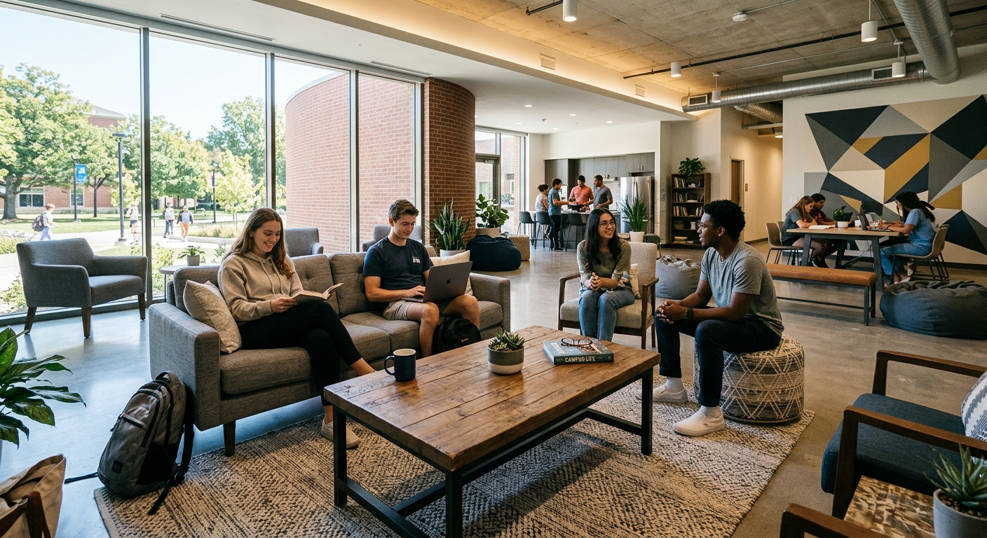 Reclaimed wood higher education lounge table in university campus hub with students on laptops