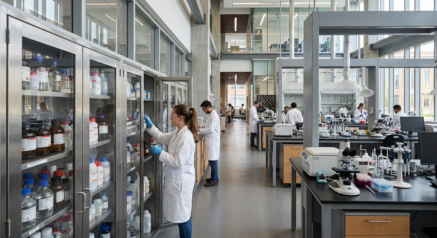Researcher taking chemical bottle from a stainless steel glass door reagent storage cabinet