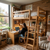 Modern dorm furniture solid wood loft bed with L-shaped study desk and storage drawers