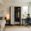 Multi-functional commercial student housing wardrobe integrated with study desk and open bookshelf unit