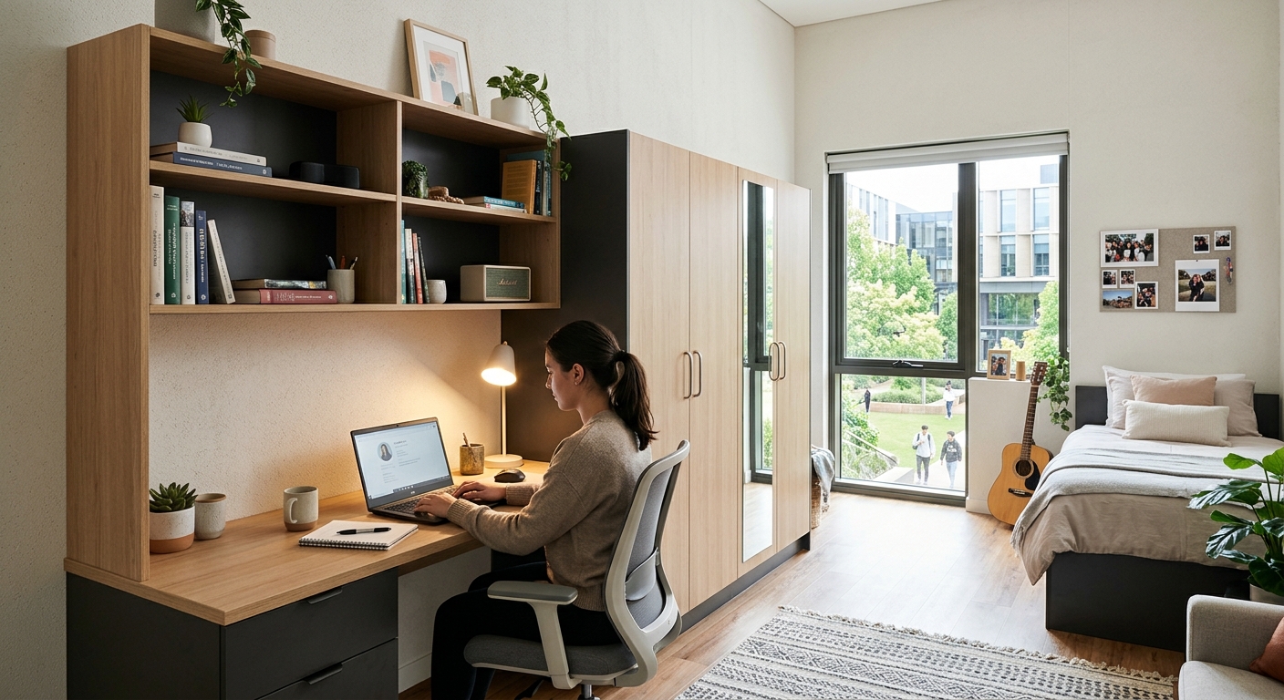 Modern university study desk and storage combination with dark walnut wood grain wardrobe doors, white frame accents, and an upper bookcase hutch
